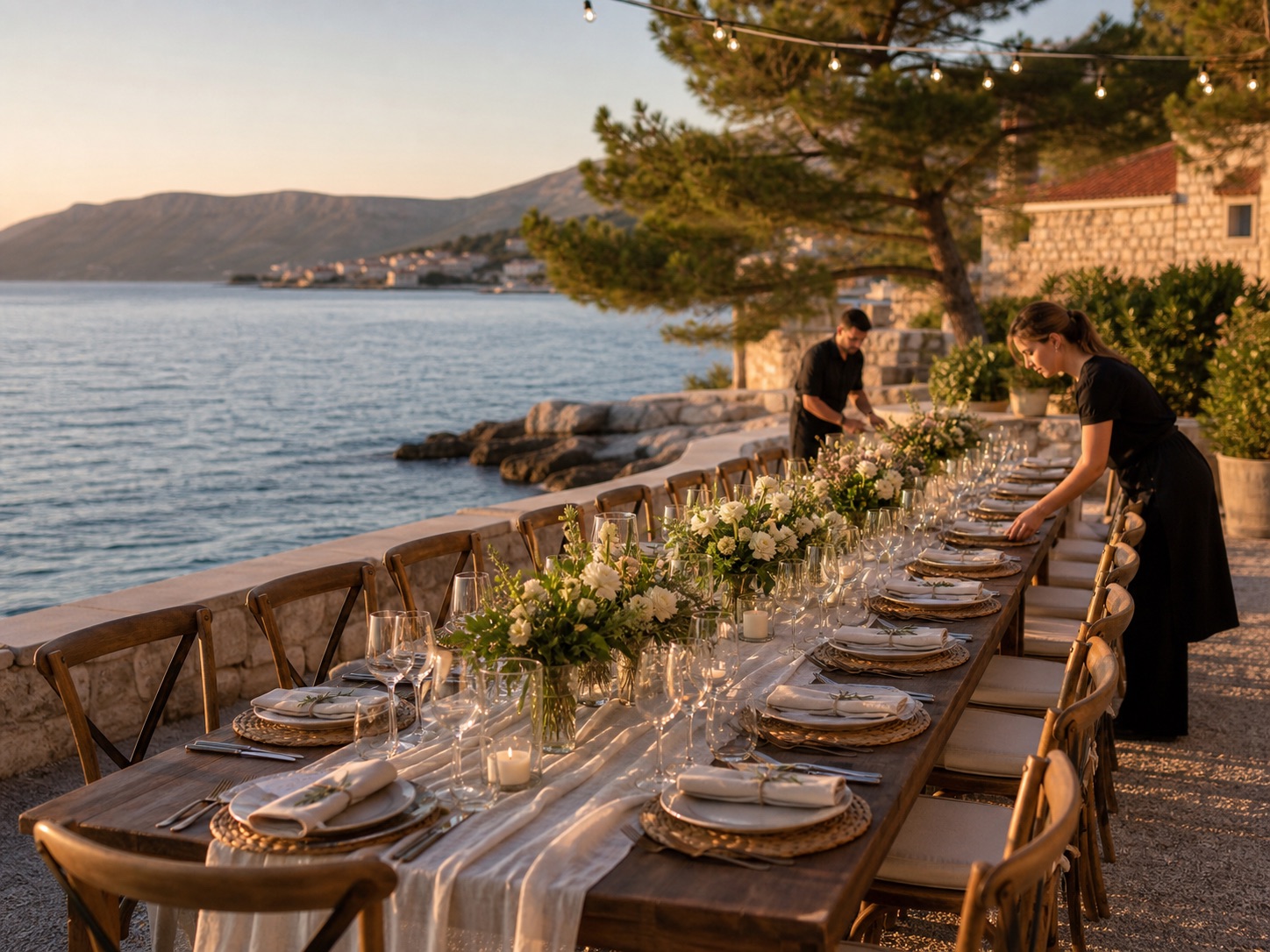 Seaside Croatia dinner setup being prepared for a small group event